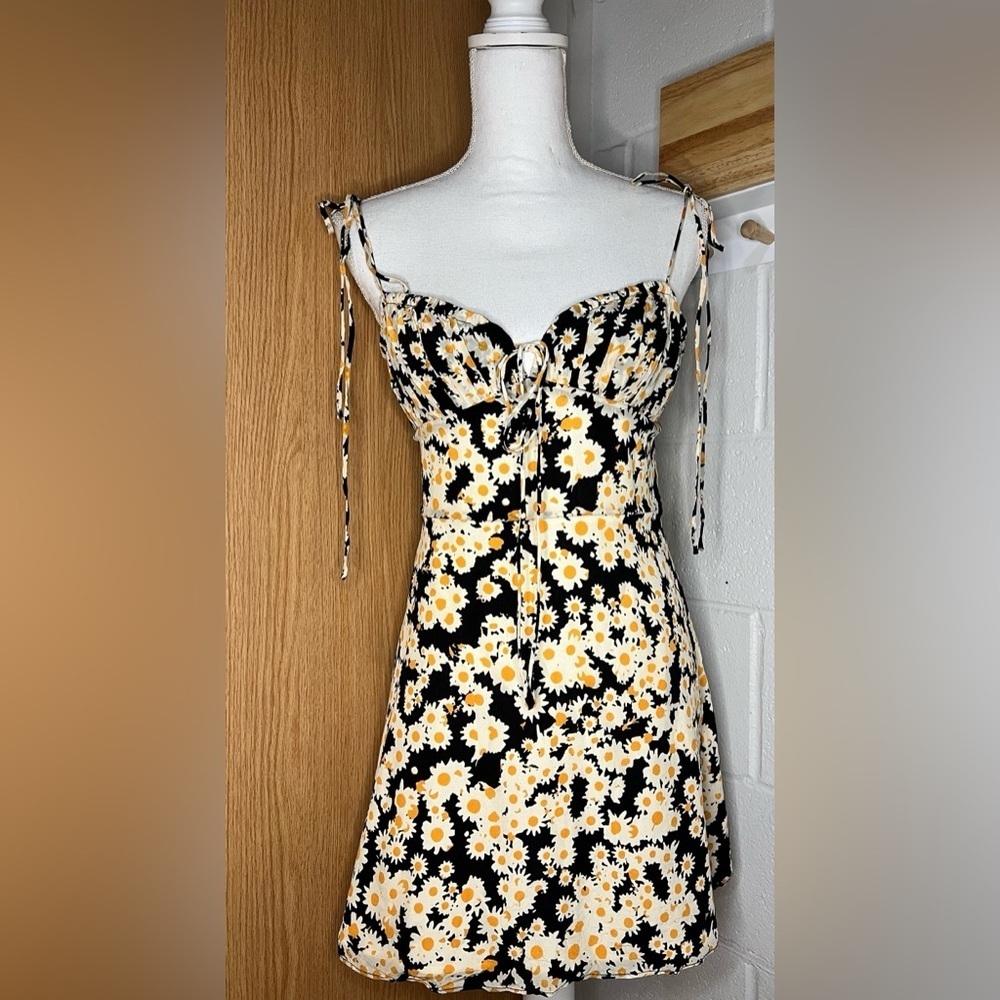 Reformation Par Black Floral Mini Dress with Yellow Daisies
